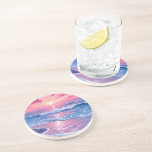 Dessous De Verre En Grès Coucher de soleil océanique rose vague aquarelle