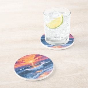 Dessous De Verre En Grès Coucher de soleil océanique sur les vagues de la p