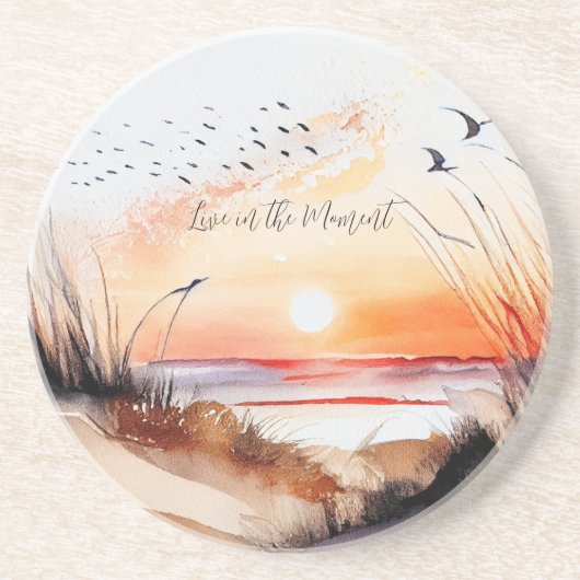 Dessous De Verre En Grès Coucher de soleil sur la plage avec des oiseaux (Devant)