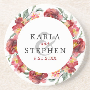 Dessous De Verre En Grès Couronne de fleurs de jardin rouge profond