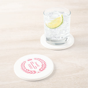 Dessous De Verre En Grès Couronne de laurier rose Monogramme personnalisé