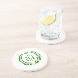 Dessous De Verre En Grès Couronne de laurier vert personnalisée avec monogr