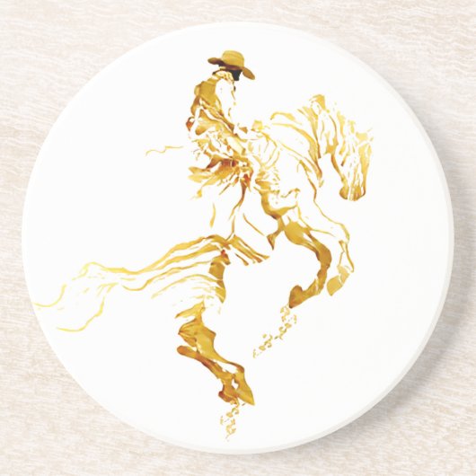 Dessous De Verre En Grès Cowboy Doré sur Cheval Cabré  (Devant)