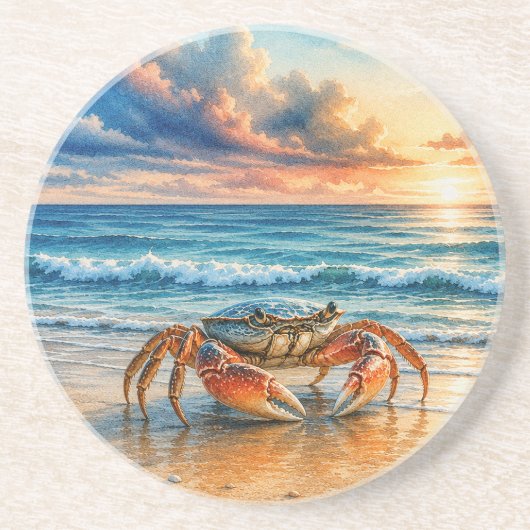 Dessous De Verre En Grès Crabe côtier à l'aquarelle sur une plage de sable (Devant)