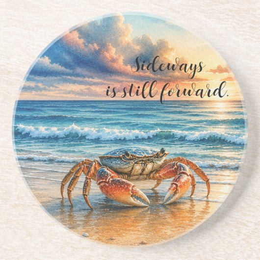 Dessous De Verre En Grès Crabe côtier à l'aquarelle sur une plage de sable  (Devant)