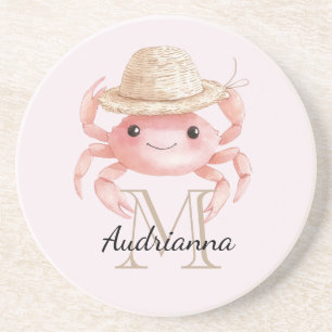 Dessous De Verre En Grès Crabe rose blush avec monogramme chapeau