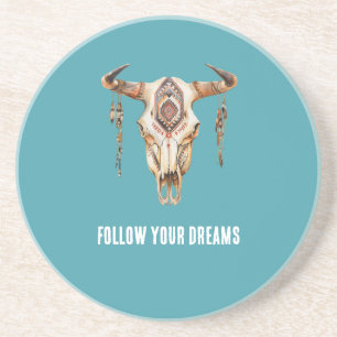 Dessous De Verre En Grès Crâne bleu turquoise des cornes de taureaux tribal