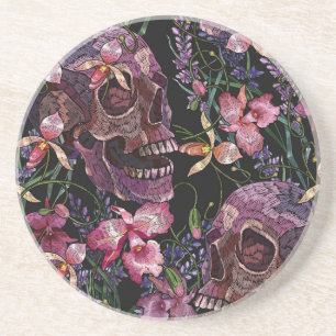 Dessous De Verre En Grès Crâne brodé : Motif gothique de l'orchidée