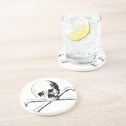 Dessous De Verre En Grès Crâne noir et blanc et os (Côté)