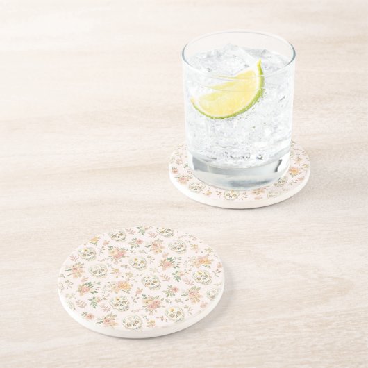 Dessous De Verre En Grès Crânes de Sucre Fleurs de Pêche (Côté)