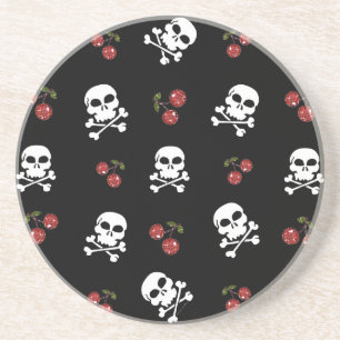 Dessous De Verre En Grès Crânes et cerises Rockabilly RAB sur fond noir