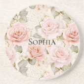 Dessous De Verre En Grès Cream Blush Roses Fleurs Roses (Devant)