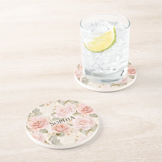 Dessous De Verre En Grès Cream Blush Roses Fleurs Roses (Côté)