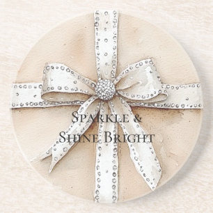 Dessous De Verre En Grès Crème Blanc Argent Glitzy Glam Bow anniversaire