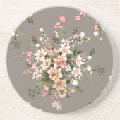 Dessous De Verre En Grès Crème, fleurs roses sur gris. (Devant)