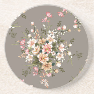 Dessous De Verre En Grès Crème, fleurs roses sur gris.