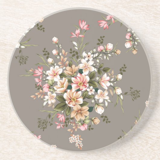 Dessous De Verre En Grès Crème, fleurs roses sur gris. (Devant)