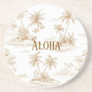 Dessous De Verre En Grès Crème Marron Aloha Palmiers Île Tropicale