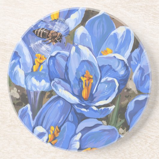 Dessous De Verre En Grès Crocus bleus et une abeille (Devant)