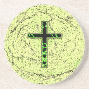 DESSOUS DE VERRE EN GRÈS CROIX NOIRE ET VERTE AVEC ARRIÈRE - PLAN EN MARBRE