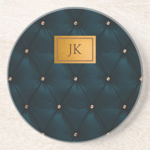 Dessous De Verre En Grès Cuir Vert Élégant, Diamants, Monogramme
