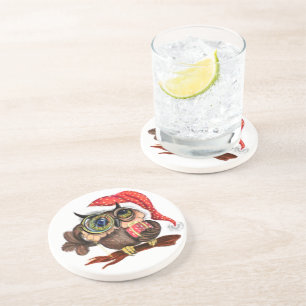 Dessous De Verre En Grès Cute Baby Owl In Christmas Hat and Gift - Painting