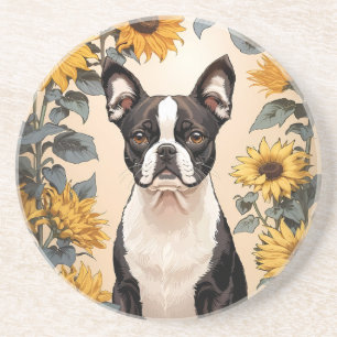 Dessous De Verre En Grès Cute Boston Terrier Yellow Sunflowers