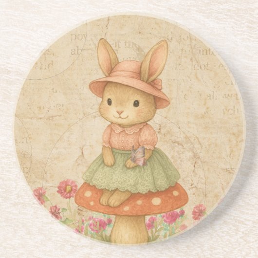 Dessous De Verre En Grès Cute Bunny on Mushroom | Pastel Coaster (Devant)