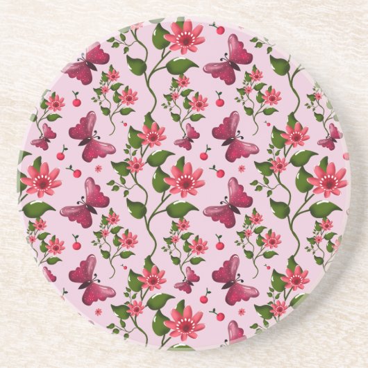 Dessous De Verre En Grès Cute Cherry Butterfly Pattern, Glossy Kawaii Fruit (Devant)