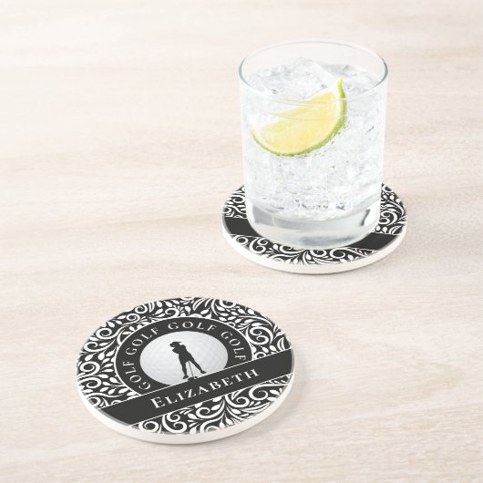 Dessous De Verre En Grès Cute Classic Golfer Silhouette Nom Noir & Blanc (Côté)