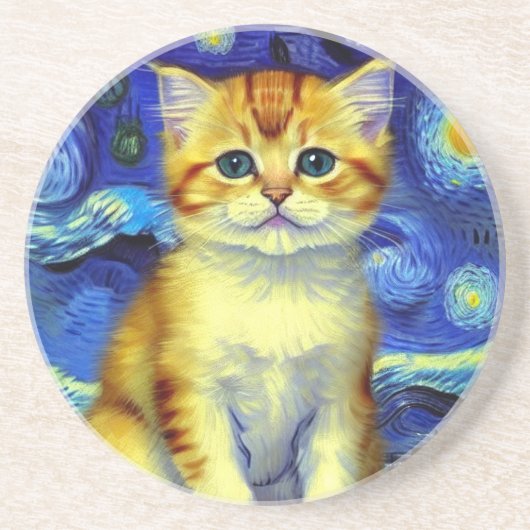 Dessous De Verre En Grès Cute Kitten Starry Night Van Gogh (Devant)