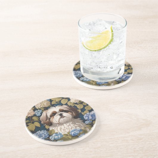 Dessous De Verre En Grès Cute Shih Tzu Chiot Blue hydrangea fleurs (Côté)