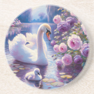 Dessous De Verre En Grès Cygnet blanc avec Roses violets