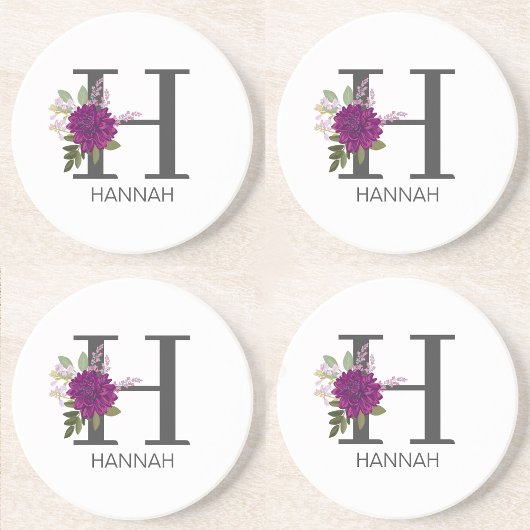 Dessous De Verre En Grès Dahlia Bourguignon Alphabet Floral Lettre Monogram