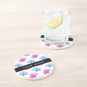 Dessous De Verre En Grès Dahlia rose et bleu, motif floral, votre nom