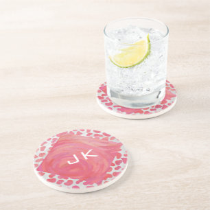 Dessous De Verre En Grès Dalmatie rose et blanc avec monogramme
