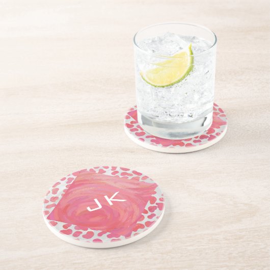 Dessous De Verre En Grès Dalmatie rose et blanc avec monogramme (Côté)