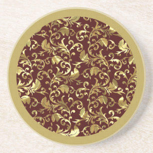 Dessous De Verre En Grès Damas Brown foncé Et Vintage Or