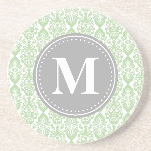 Dessous De Verre En Grès Damas dans le Monogramme gris vert à la menthe (Devant)