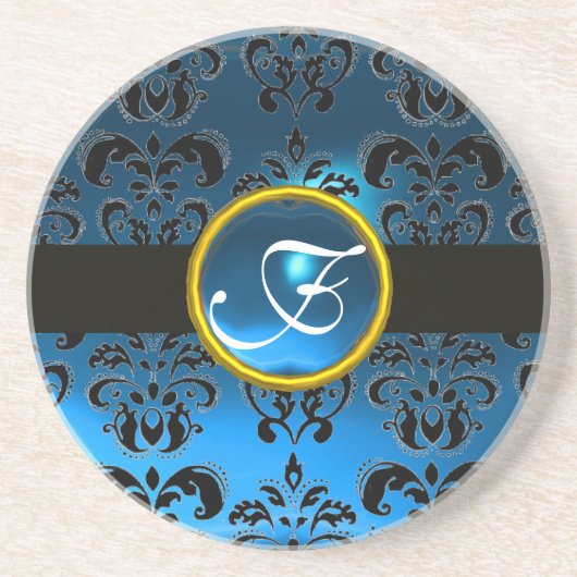 Dessous De Verre En Grès DAMAS NOIR ET BLEU Saphir Monogramme (Devant)