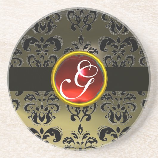 Dessous De Verre En Grès DAMAS NOIR ET GRIS Monogramme Rubis Rouge (Devant)