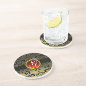 Dessous De Verre En Grès DAMAS NOIR ET GRIS Monogramme Rubis Rouge (Côté)