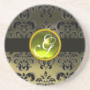 Dessous De Verre En Grès DAMAS NOIR ET GRIS Topaze jaune Monogramme