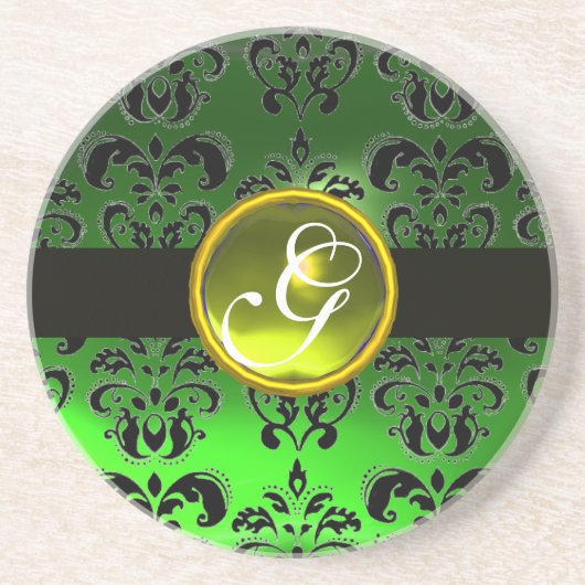 Dessous De Verre En Grès DAMAS NOIR ET VERT Topaze jaune Monogramme (Devant)