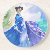 Dessous De Verre En Grès Dame en Robe Bleue - Peinture aquarelle (Devant)