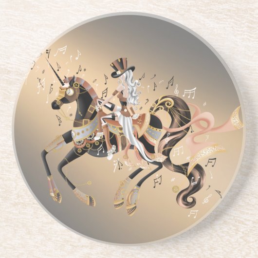 Dessous De Verre En Grès Dame Steampunk et Cheval Mécanique (Devant)