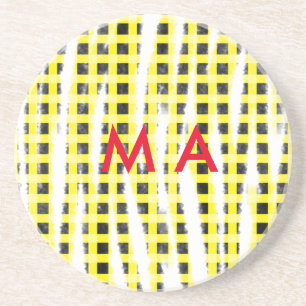 Dessous De Verre En Grès Damier jaune noir ajouter un nom monogramme nom la