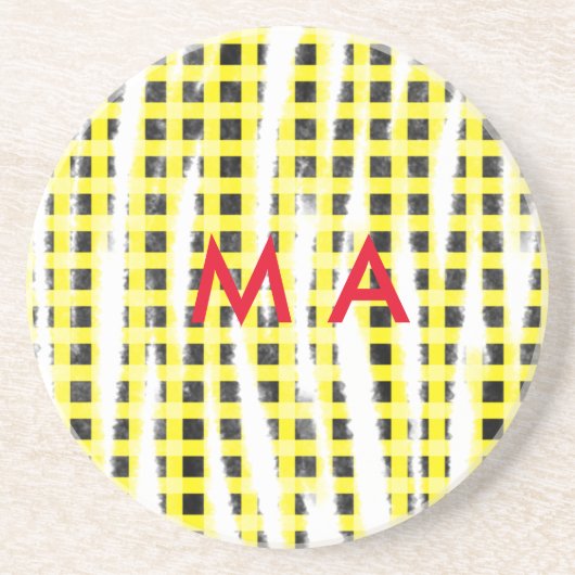 Dessous De Verre En Grès Damier jaune noir ajouter un nom monogramme nom la (Devant)