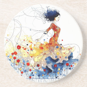Dessous De Verre En Grès Danseuse de flamenco en mouvement multicolore flui