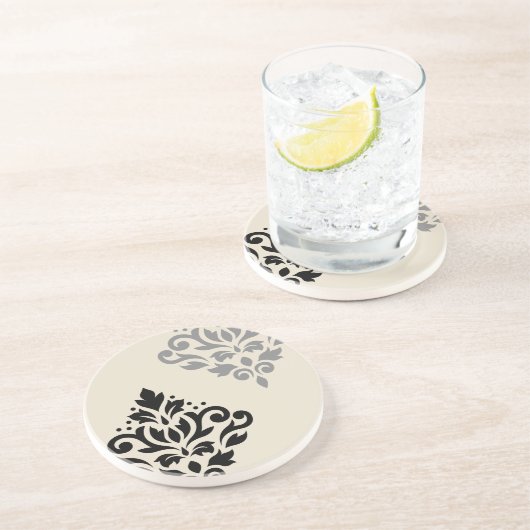 Dessous De Verre En Grès Défiler Damask Art I Black Grey Crème (Côté)